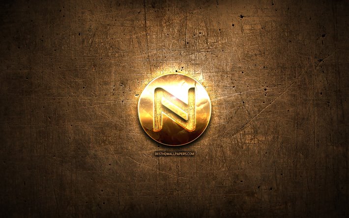 Namecoin golden logo, cryptocurrency, brown metal background, creative, Namecoin logo, cryptocurrency signs, Namecoin