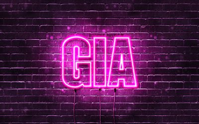 Gia, 4k, wallpapers with names, female names, Gia name, purple neon lights, horizontal text, picture with Gia name