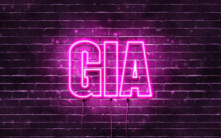 Gia, 4k, wallpapers with names, female names, Gia name, purple neon lights, horizontal text, picture with Gia name