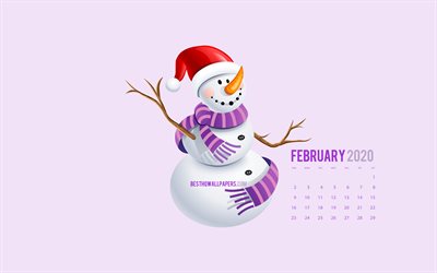 4k, februar 2020 kalender, minimal, schneemann, 2020 kalender, kreativ, februar 2020 februar 2020 kalender mit schneemann -, kalender-februar 2020, violetter hintergrund