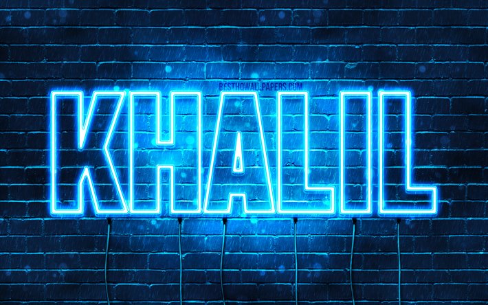 Khalil, 4k, les papiers peints avec les noms, le texte horizontal, Khalil nom, bleu n&#233;on, une photo avec le nom Khalil