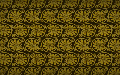 gelbe blumen-muster -, 4k -, blumen-griechische ornamente, hintergrund mit floralen ornamenten, floralen texturen, florale muster, gelb floral background, griechische ornamente