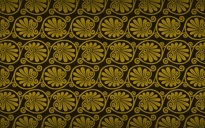 giallo, motivo floreale, 4k, floreale greco ornamenti, sfondo floreale con ornamenti floreali, texture, pattern floreali, giallo floreale, sfondo, greco ornamenti