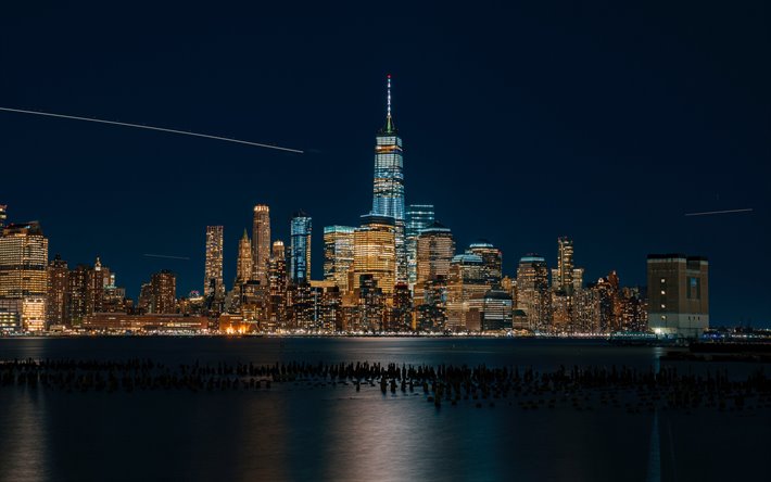1 World Trade Center, Freedom Tower, Manhattan, New York, natt, moderna byggnader, skyskrapor, New York-staden, USA