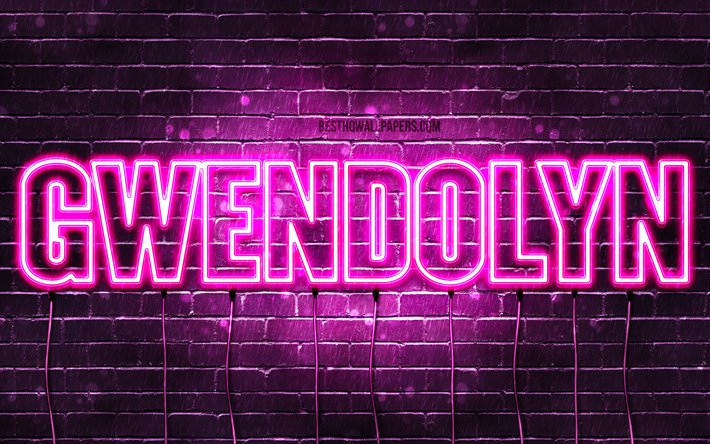 Gwendolyn, 4k, wallpapers with names, female names, Gwendolyn name, purple neon lights, horizontal text, picture with Gwendolyn name