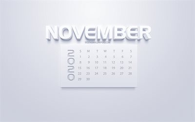 2020 November Kalender, 3d white art, vit bakgrund, 2020 kalendrar, November 2020 kalender, h&#246;sten 2020 kalendrar, November