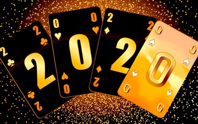 2020 New Year, playing cards, 2020 poker background, 2020 concepts, black golden 2020 background
