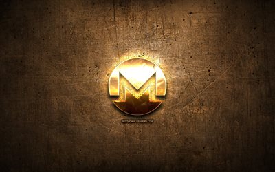 monero golden logo, kryptogeld, braun-metallic hintergrund, kreativ, monero logo, kryptogeld zeichen, monero