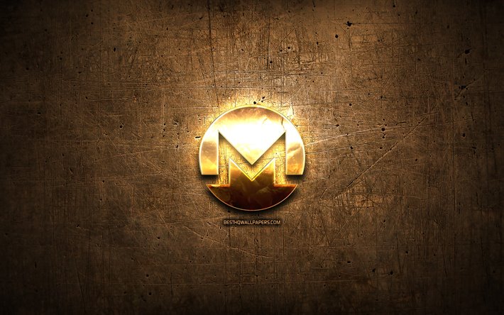 Monero golden logo, cryptocurrency, brown metal background, creative, Monero logo, cryptocurrency signs, Monero