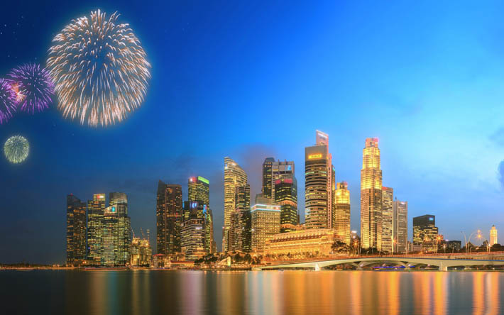 Singapur, noche, rascacielos, fuegos artificiales, modernos edificios, paisaje urbano de Singapur