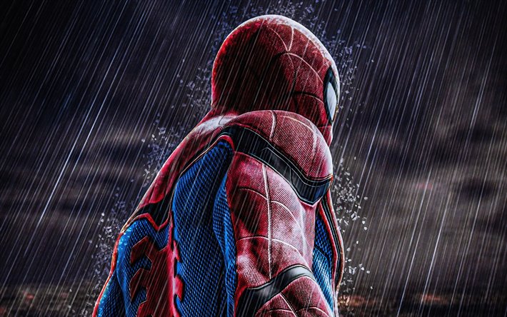 spiderman unter regen, 4k, spider-man, fan-kunst, abenteuer, superhelden, spiderman