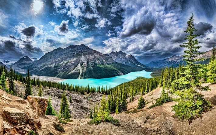 Peyto Lake, 4k, yaz, Banff Ulusal Park, orman, Kanada Rockies, HDR, dağlar, Kuzey Amerika, g&#252;zel bir doğa, Kanada