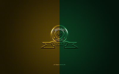 Mamelodi Sundowns FC, Afrique du Sud, club de football, Premier ministre de la Division, vert-jaune logo jaune vert en fibre de carbone de fond, football, Pretoria, Mamelodi Sundowns logo