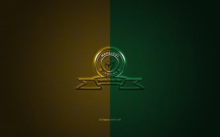Mamelodi Sundowns FC, South African football club, Sud Africa Premier Division, giallo, verde, logo, contesto in fibra di carbonio, calcio, Pretoria, in Sud Africa, Mamelodi Sundowns logo
