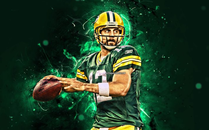 Aaron Rodgers, 4k, quarterback, Green Bay Packers, american football, NFL, Aaron Charles Rodgers, National Football League, neon lights, Aaron Rodgers 4K