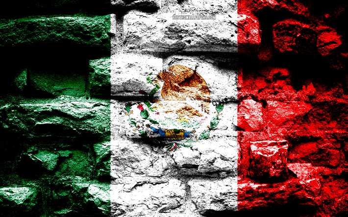 Mexico flag, grunge brick texture, Flag of Mexico, flag on brick wall, Mexico, Europe, flags of South American countries