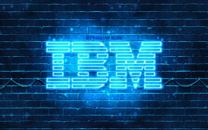 IBM logo azul, 4k, azul brickwall, logotipo de IBM, marcas, IBM ne&#243;n logotipo de IBM