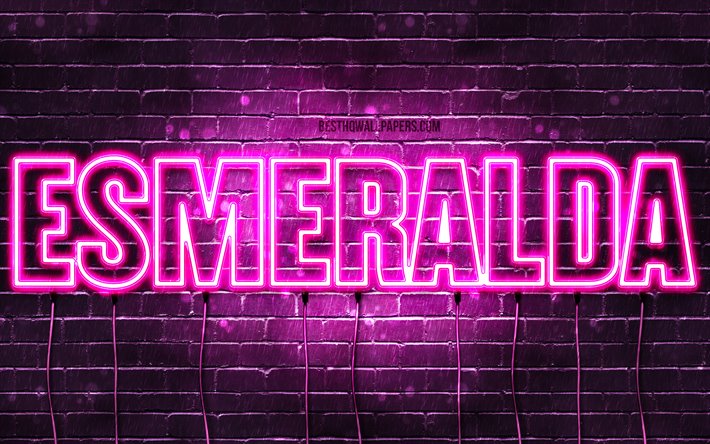Esmeralda, 4k, wallpapers with names, female names, Esmeralda name, purple neon lights, horizontal text, picture with Esmeralda name