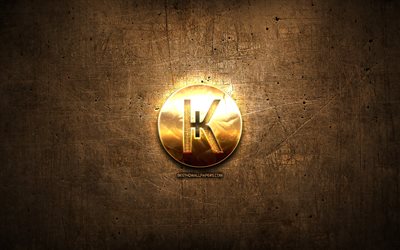 Karbovanets golden logo, cryptocurrency, brown metal background, creative, Karbovanets logo, cryptocurrency signs, Karbovanets