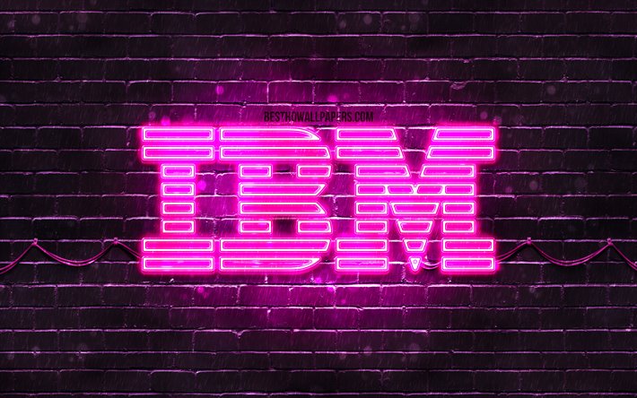 IBM purple logo, 4k, purple brickwall, IBM logo, brands, IBM neon logo, IBM