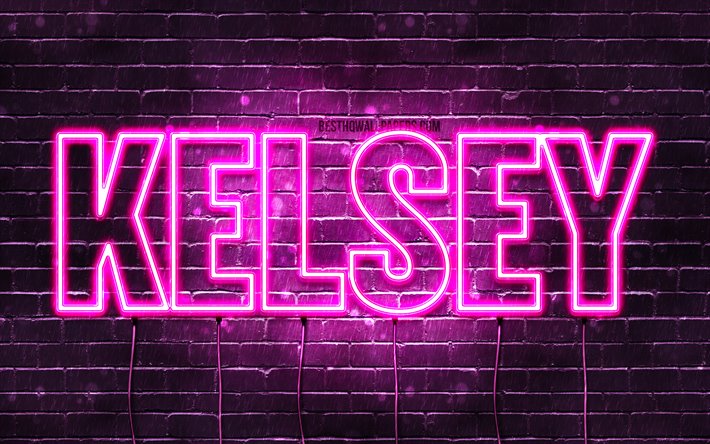 Kelsey, 4k, pap&#233;is de parede com os nomes de, nomes femininos, Kelsey nome, roxo luzes de neon, texto horizontal, imagem com Kelsey nome