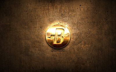 Burstcoin golden logo, cryptocurrency, brown metal background, creative, Burstcoin logo, cryptocurrency signs, Burstcoin