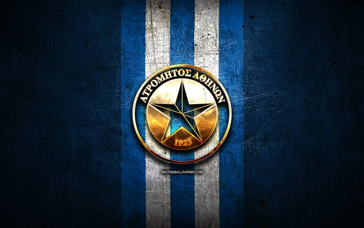 atromitos fc, golden logo, super league-griechenland, blau metall-hintergrund, fu&#223;ball, fc atromitos, griechische fu&#223;ball-club, atromitos-logo, griechenland