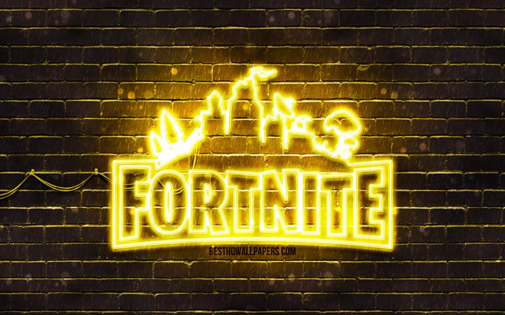 Fortnite amarelo logotipo, 4k, amarelo brickwall, Fortnite logotipo, Jogos de 2020, Fortnite neon logotipo, Fortnite