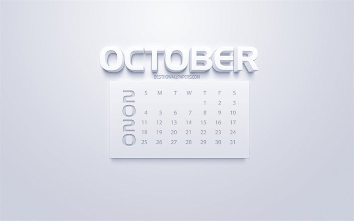 2020 Lokakuuta Kalenteri, 3d valkoinen art, valkoinen tausta, 2020 kalenterit, Lokakuu 2020 kalenteri, syksy 2020 kalenterit, Lokakuussa