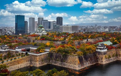Osaka Castle, Japan, Osaka Castle Park, Osaka, autumn, skyscrapers, japanese castle, Osaka cityscape