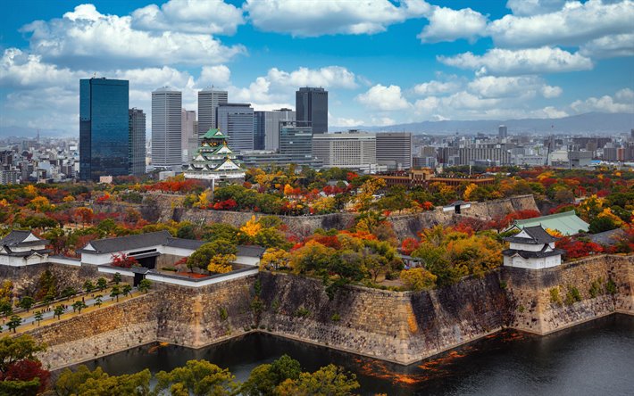 Lataa kuva Osakan Linna, Japani, Osaka Castle Park, Osaka, syksy,  pilvenpiirtäjiä, japanilainen linna, Osaka kaupunkikuvaan ilmaiseksi. Kuvat  ilmainen työpöydän taustakuvaksi