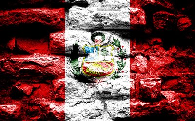 Peru flag, grunge brick texture, Flag of Peru, flag on brick wall, Peru, Europe, flags of South American countries