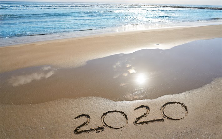 2020 en la arena de 2020, A&#241;o Nuevo, verano, paisaje marino, 2020 conceptos, verano de 2020, playa, arena
