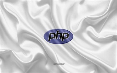 PHP-logo, valkoinen silkki tekstuuri, PHP-tunnus, ohjelmointikieli, PHP, silkki tausta