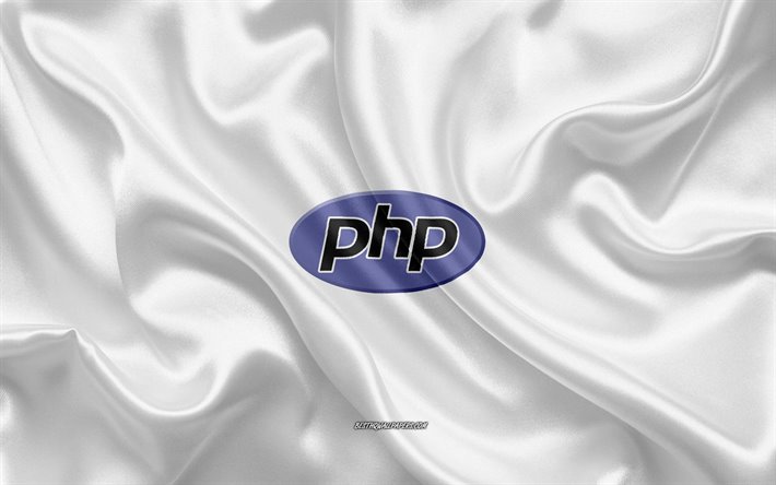 PHP logo, white silk texture, PHP emblem, programming language, PHP, silk background