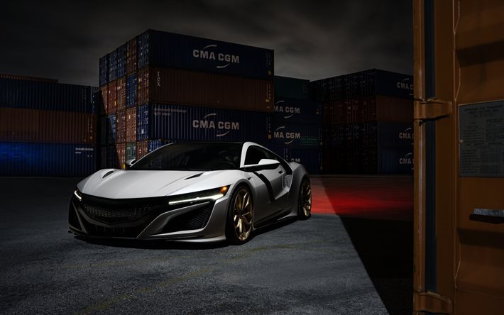 Acura NSX, 2016年, スポーツカー, 白Acura, チューニングNSX, ガレージ, ヒ車輪