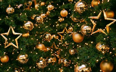 Christmas tree, Christmas decorations, golden balls, Christmas balls, New Year, Christmas