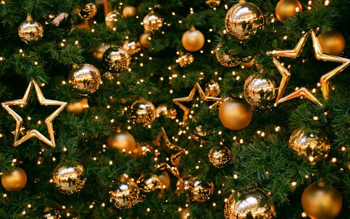 Albero di natale, decorazioni di Natale, palle d&#39;oro, palline di Natale, capodanno, Natale