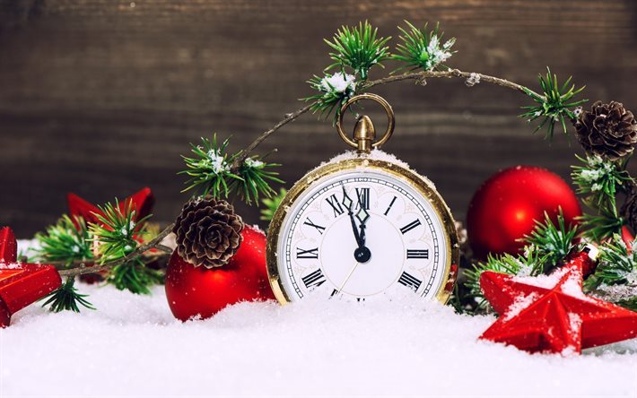 2017, decorazioni di Natale, neve, Natale, giocattoli, orologi, capodanno