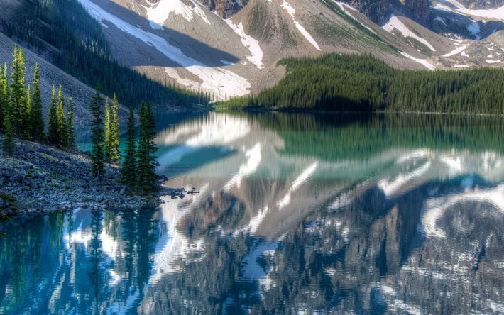 Canadá, lago, reflexión, bosque, montañas