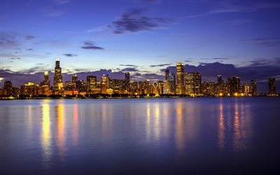 Lake Michigan, Chicago, natt, skyskrapor, kv&#228;ll, stadsbilden, Illinois, USA
