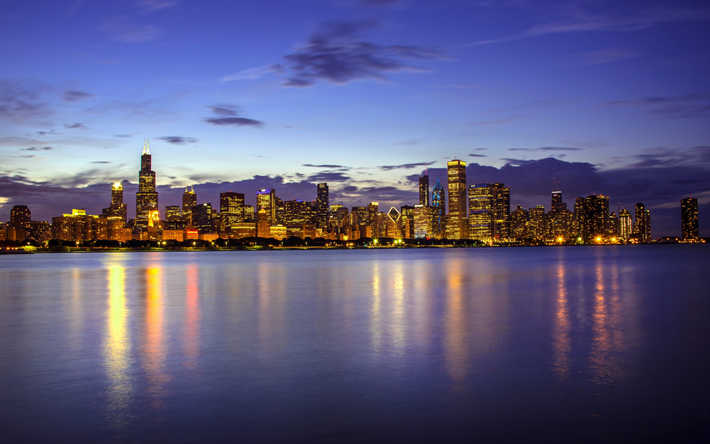 Lake Michigan, Chicago, night, skyscrapers, evening, cityscape, Illinois, USA