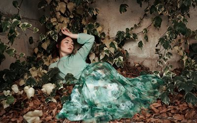 Isabella Phillips, beautiful model, green female dress, dress with flowers, brunette