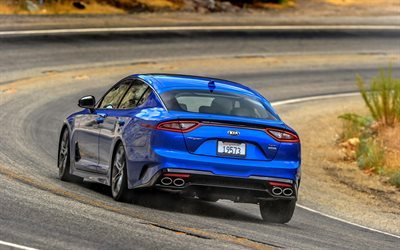 Kia Stinger GT2, 2018, 4k, vista posteriore, tuning Stinger, blu berlina, girare, Kia