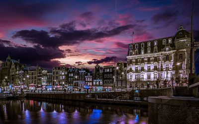 Singelgracht Canal, Amsterdam, city lights, old houses, canal, evening, Netherlands