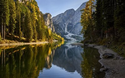 Dolomites, forest, lake, mountains, Europe, Alps, Italy