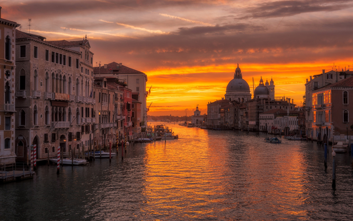 Venedig, Santa Maria della Salute, basilika, Barock arkitektur, stadsbilden, sunset, Italien