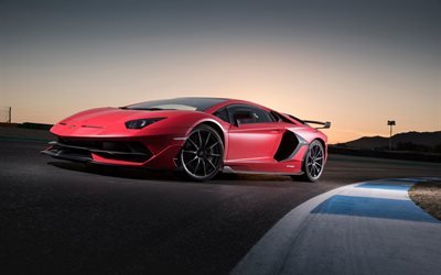 Lamborghini Aventador SVJ, 2018, red racing car, red supercar, tuning Aventador, black wheels, Italian sports cars, Lamborghini