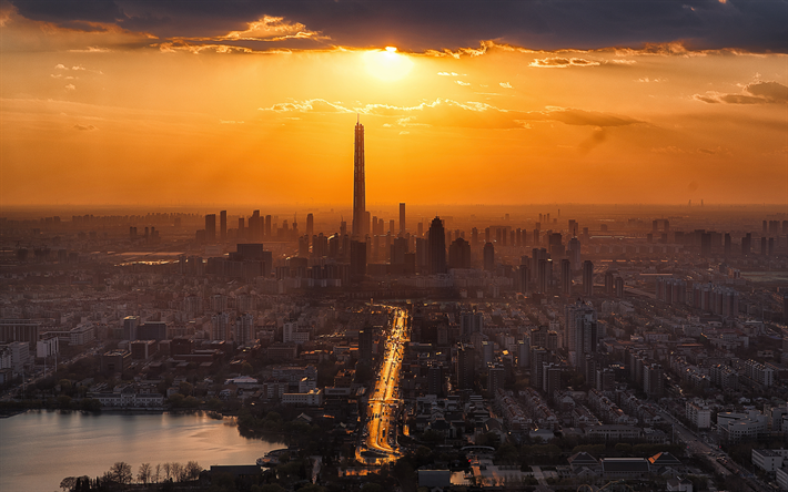 Tianjin, 4k, G&#252;n batımı, panorama, şehir, Asya, &#199;in