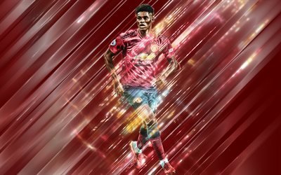 Marcus Rashford, kreativ konst, blad stil, Engelska fotbollsspelare, Manchester United FC, Premier League, England, MU, red kreativ bakgrund, fotboll